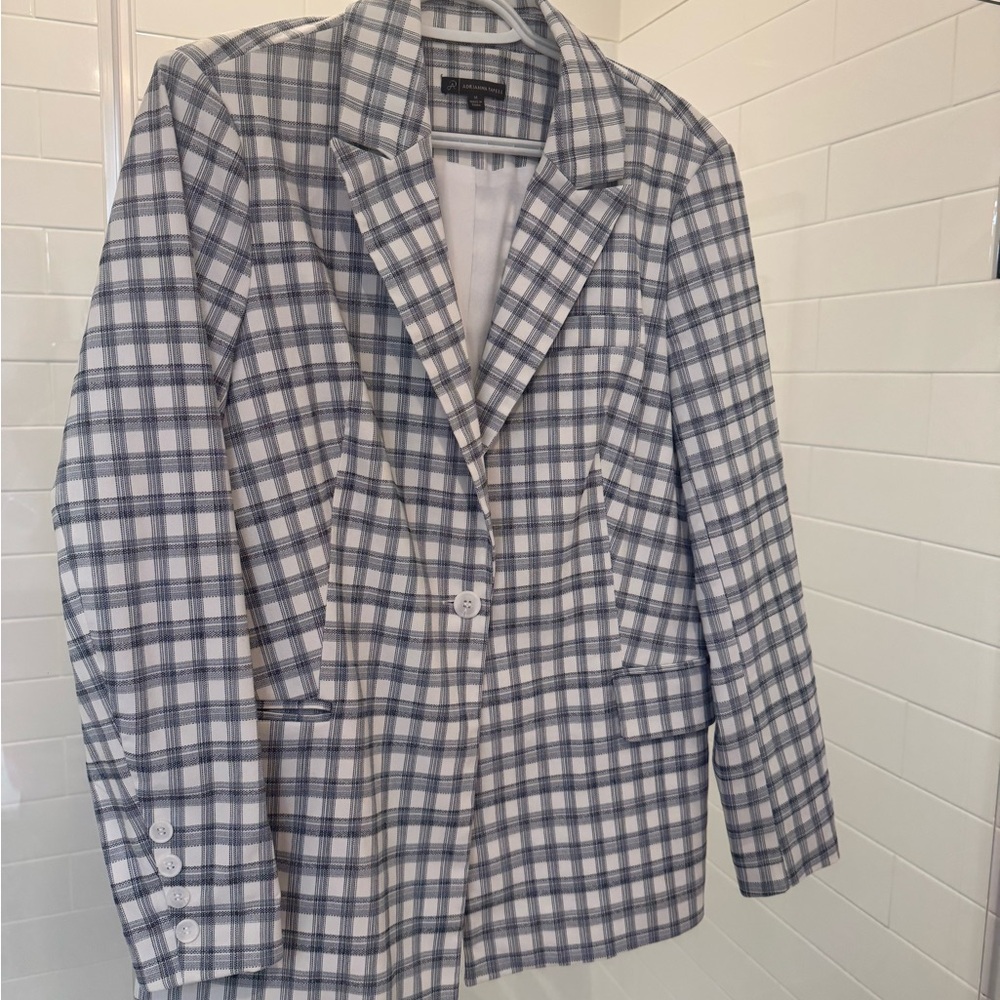 Adrianna Papell White and Blue Blazer Structured Suit Jacket